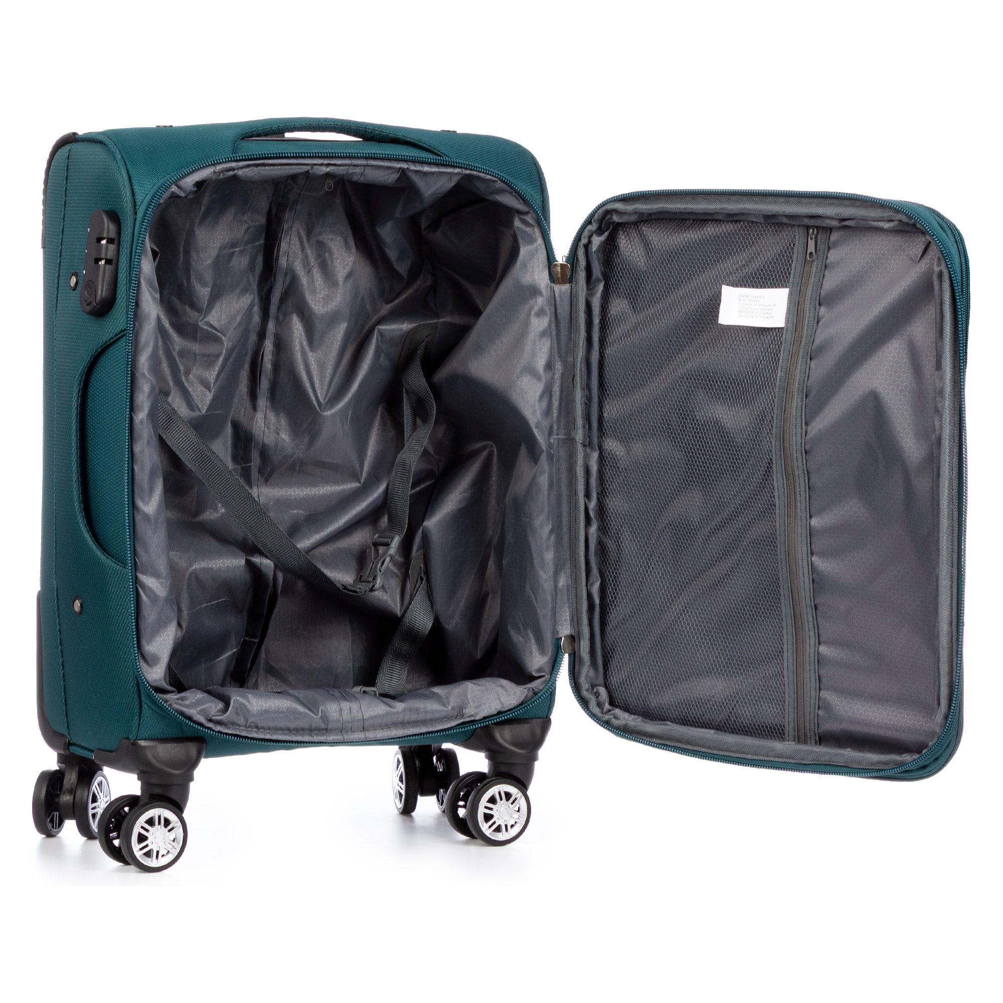 Set di 3 valigie Trolley espandibili in tessuto, semi-rigide. Chiusura numerica, 4 ruote girevoli a 360°.