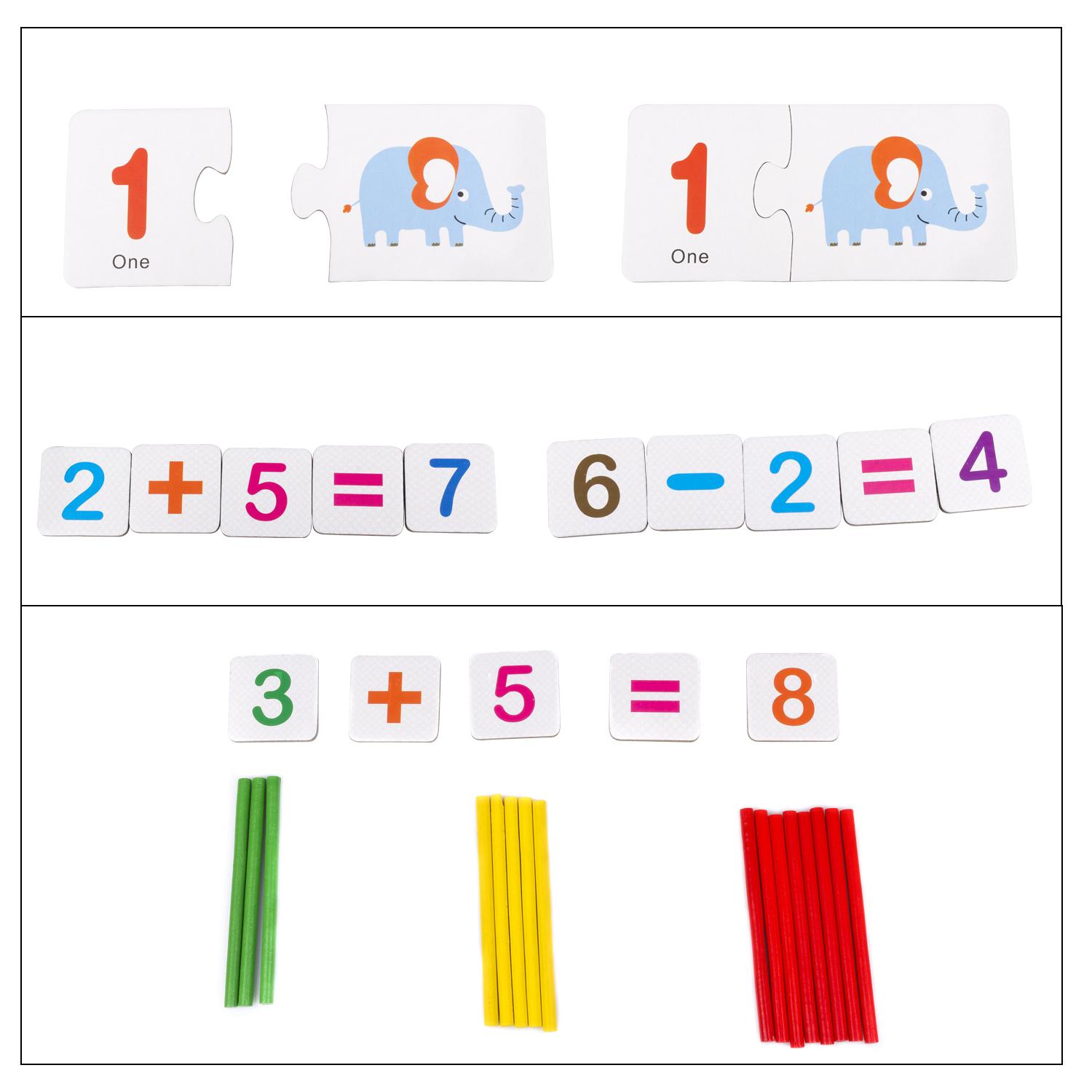 Gioco matematico educativo. Gioco di coppie di numeri e animali, simboli matematici e bastoncini di legno per eseguire operazioni.