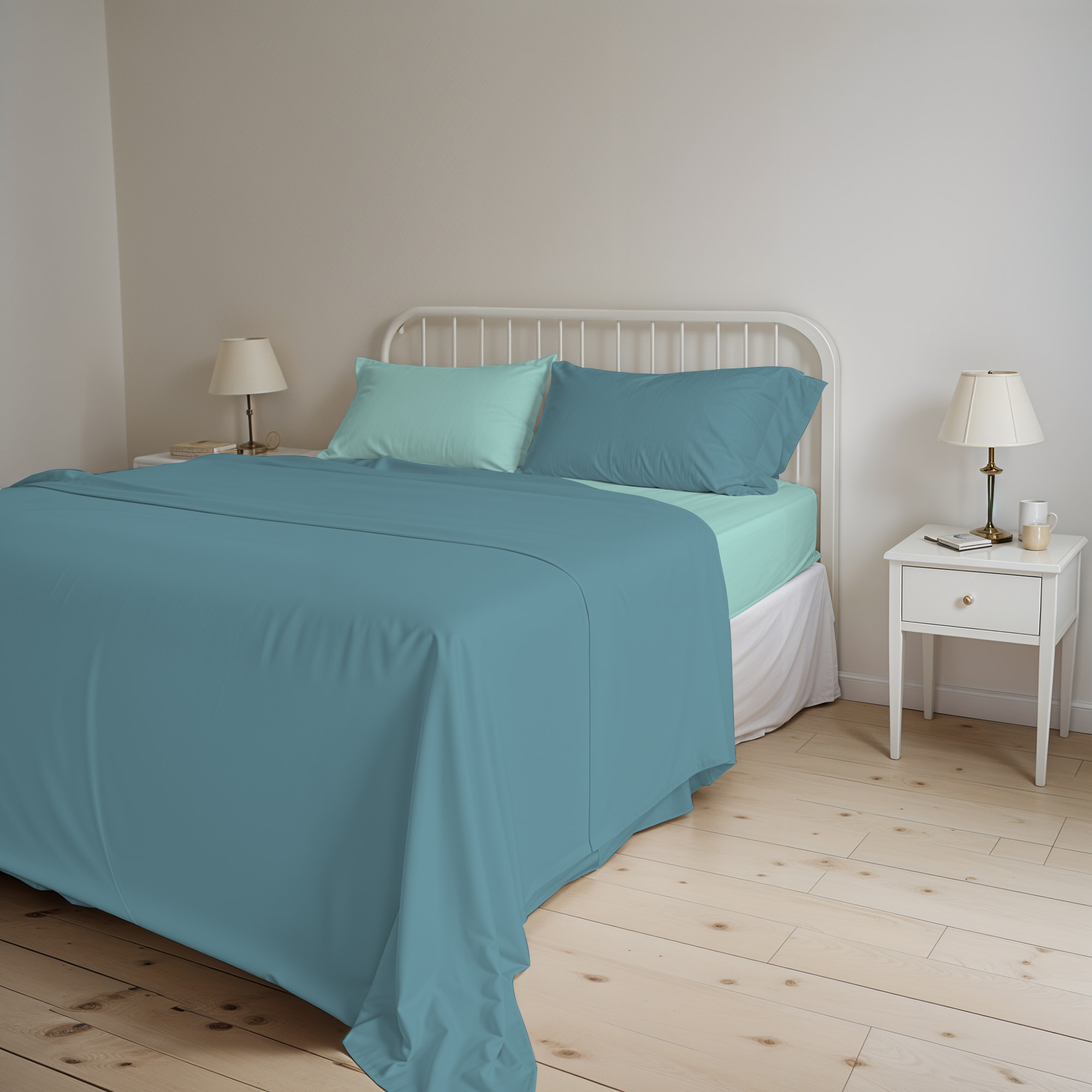 COMPLETO LETTO NATURAL COLOR, 100% Cotone, Made in Italy - OTTANIO/ACQUA