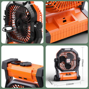 Ventilador P50 con motor sin escobillas, LED con 8 luces, 4 velocidades, 3 niveles de luz. Ángulo ajustable de 180º, gancho para colgar y powerbank de 7800 mAh.