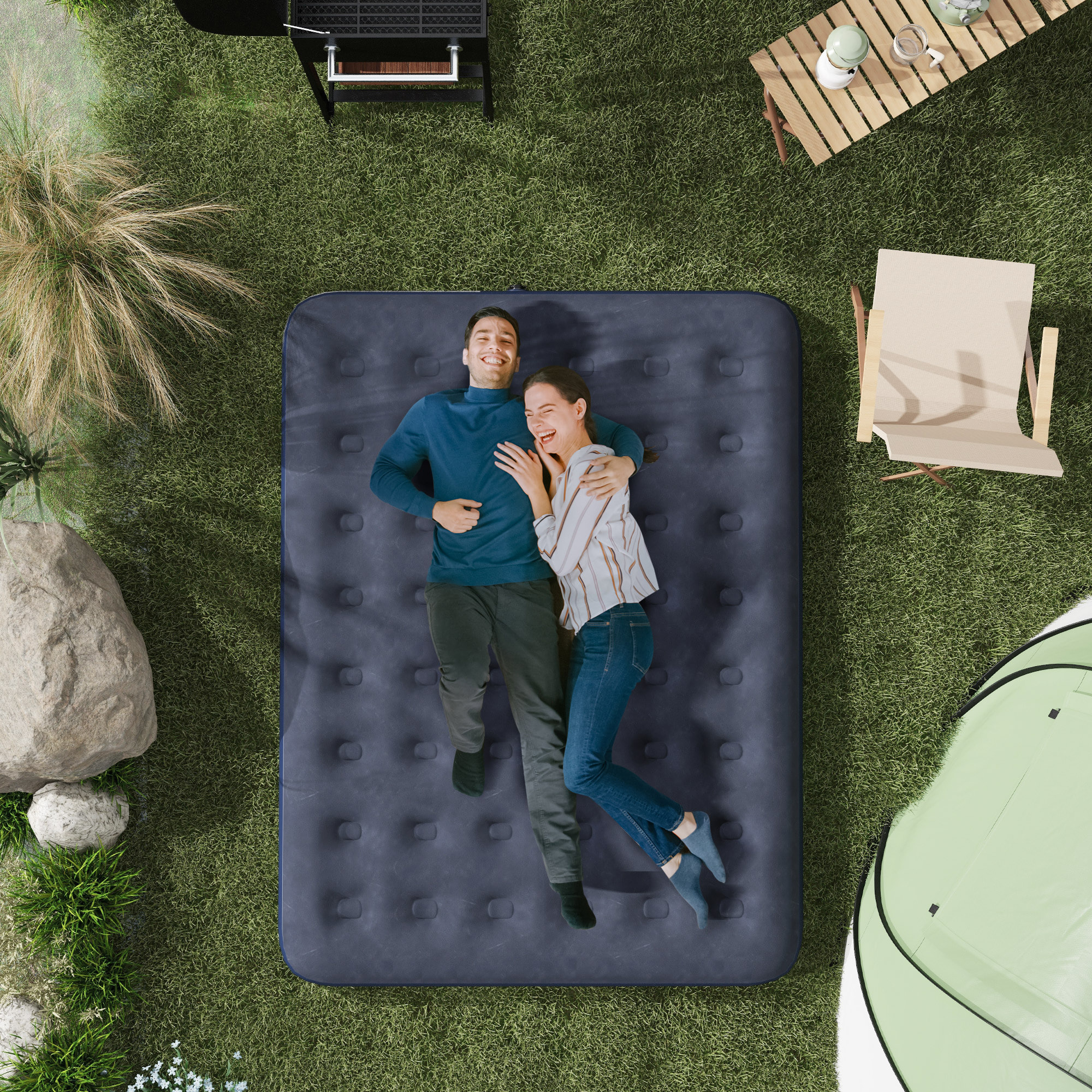 Matelas gonflable double lit pneumatique 2 places avec gonfleur manuel surface floquée bleu