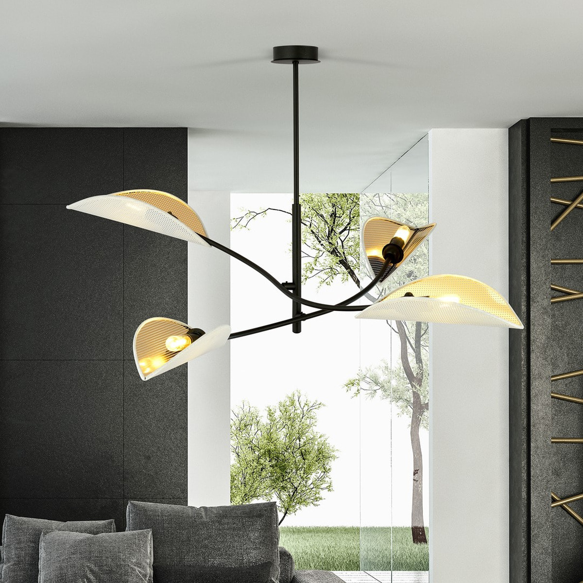 Lampada a sospensione Lotus in acciaio nero e paralumi bianco e oro