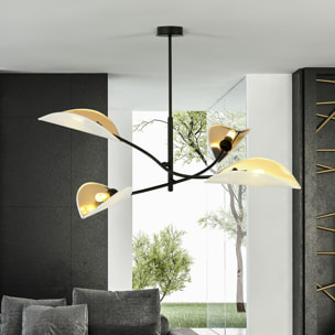 Lampada a sospensione Lotus in acciaio nero e paralumi bianco e oro