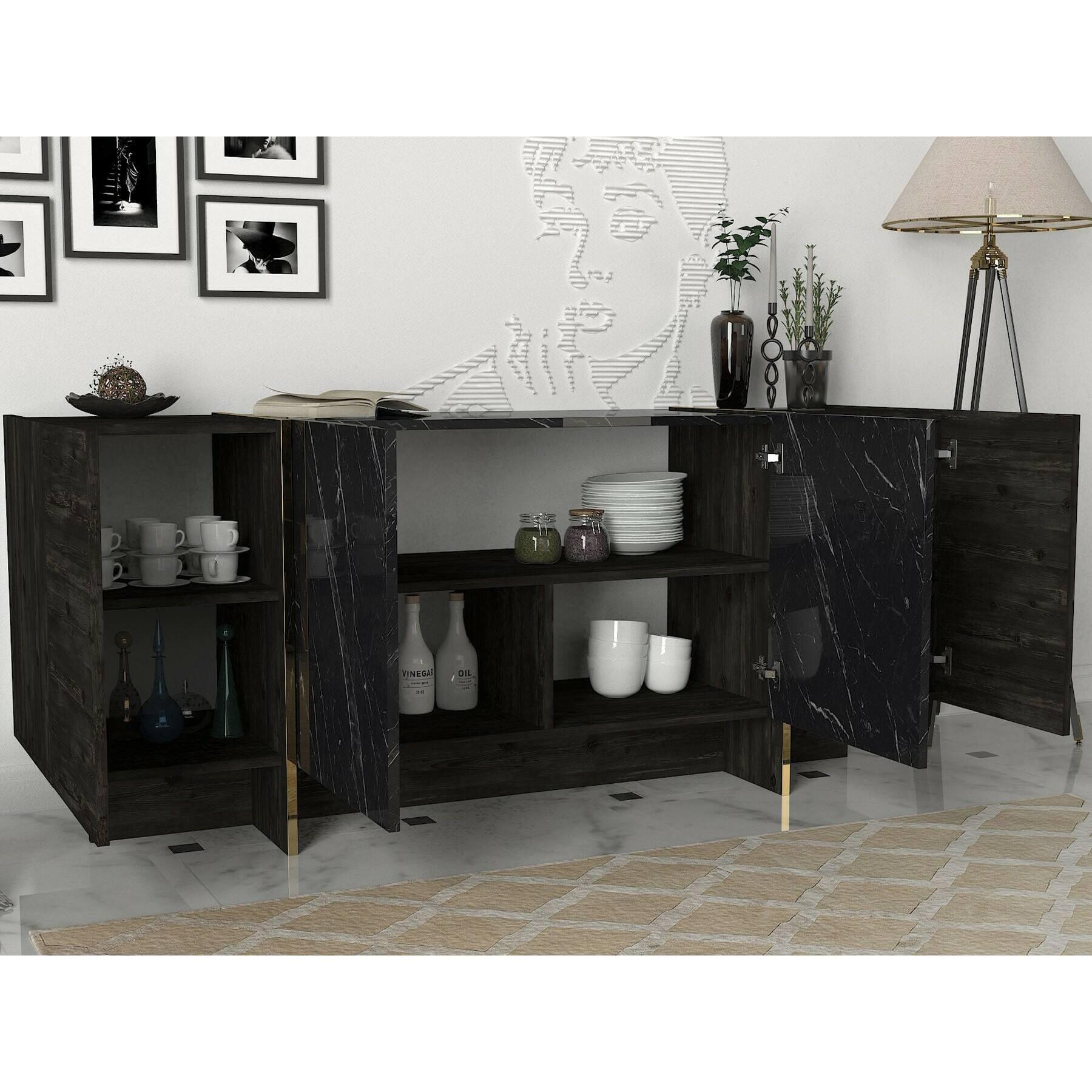 Credenza Dpazzagl, Buffet da soggiorno, Madia da salotto, Dispensa da cucina, 180x47h76 cm, Nero e Oro