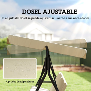 Columpio de Jardín Exterior de 3 Plazas, Balancín de Jardín Exterior con Techo Ajustable, Cojín y Marco de Acero, para Balcón, Terraza, Patio, Carga 240 kg, 172x118x153 cm, Beige
