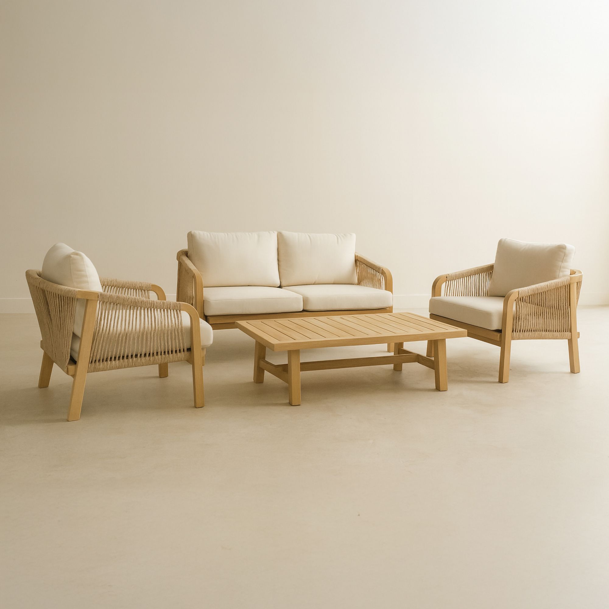 Salon de jardin en bois d'acacia et coussins beige 4 places SAONA