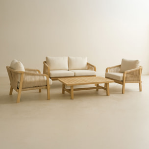 Salon de jardin en bois d'acacia et coussins beige 4 places SAONA