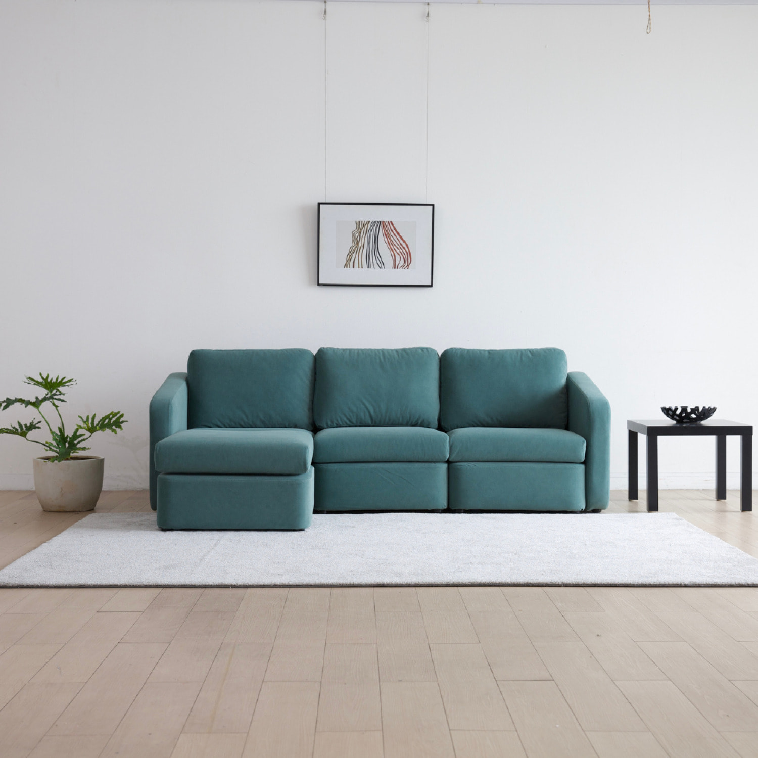 GALEGO Canapé modulable 3 places bleu avec pouf