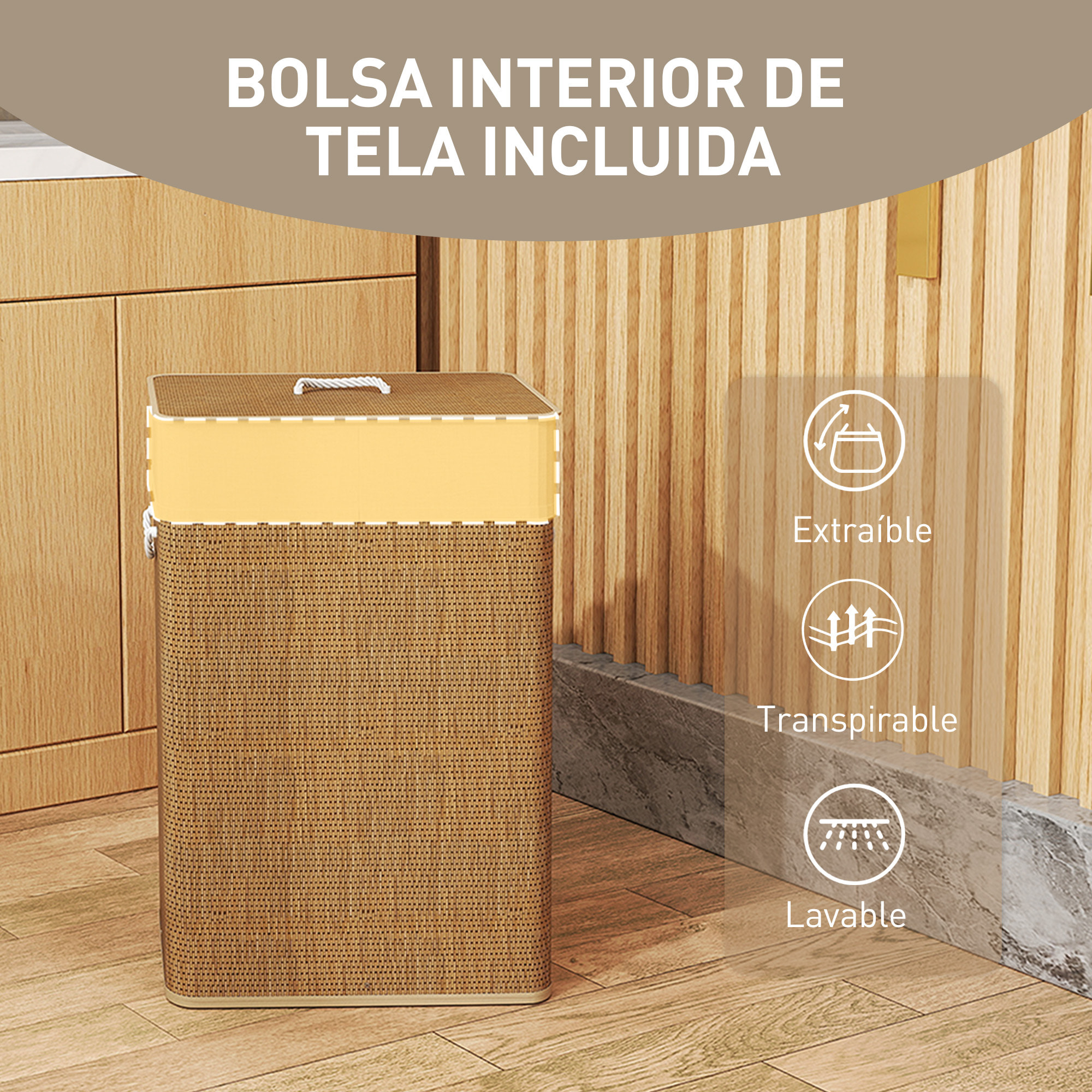 Cesto de Ropa Sucia con Tapa 72L Cesta Colada de Bambú con Bolsa Interior Extraíble y Asas para Lavandería Dormitorio 40x30x60 cm Marrón