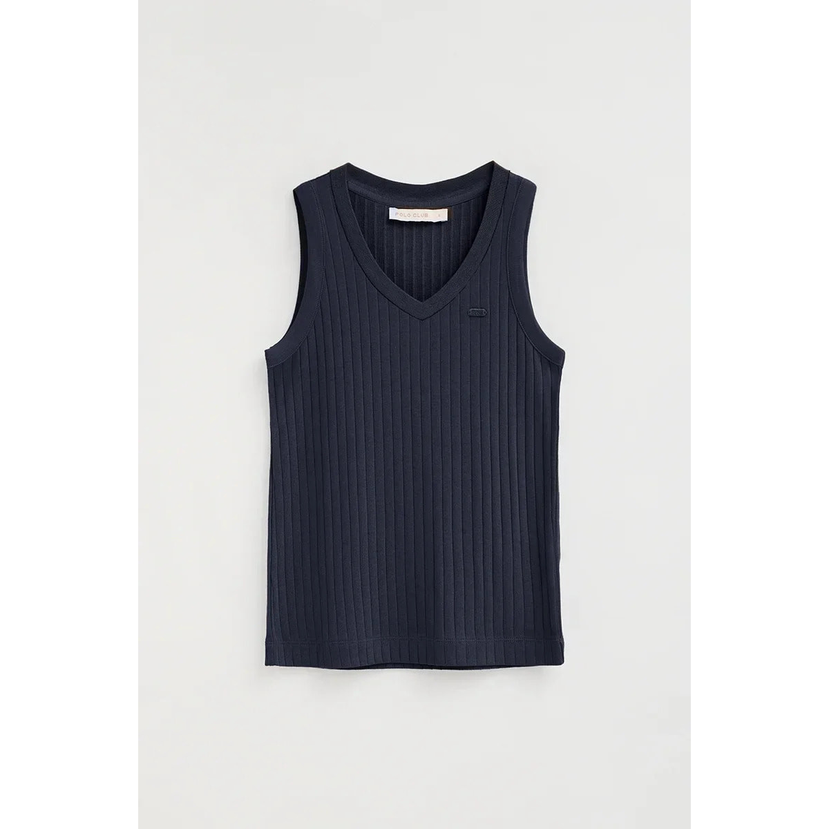 Camiseta sin mangas azul marino de canalé y escote de pico con logo Polo Club