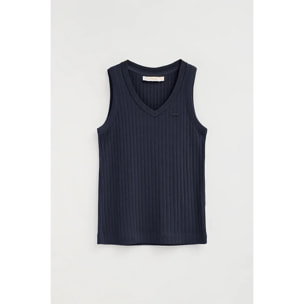 Camiseta sin mangas azul marino de canalé y escote de pico con logo Polo Club