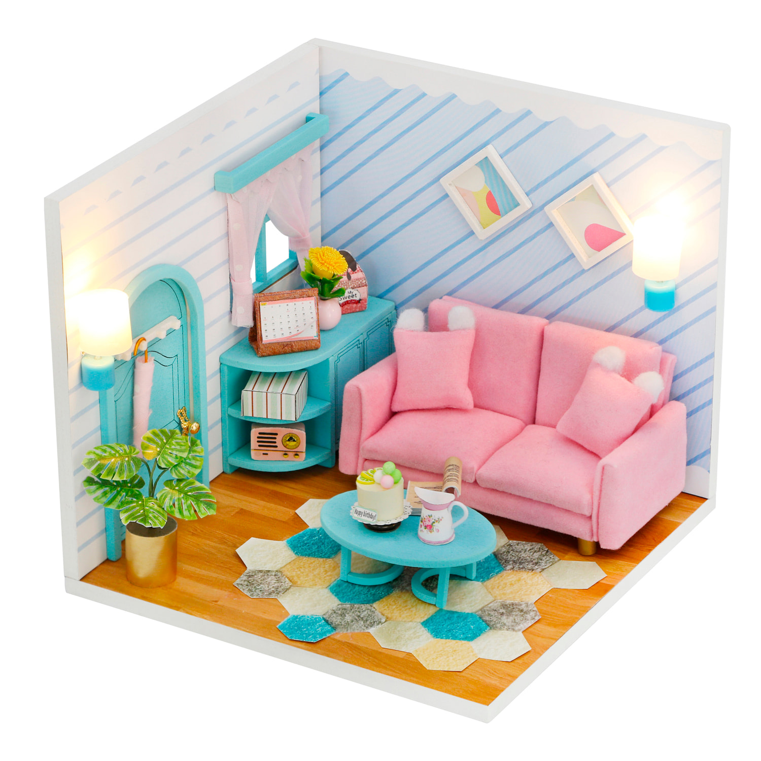 Sala de estar soleada. Maqueta 3D realista con gran detalle y luces led. Parte de la maqueta "Una casa con historia".