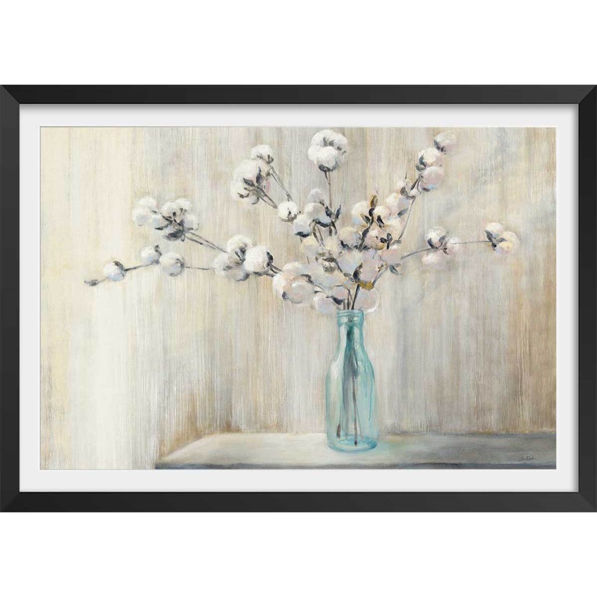 Affiche Bouquet et fleurs de coton Affiche sous cadre noir