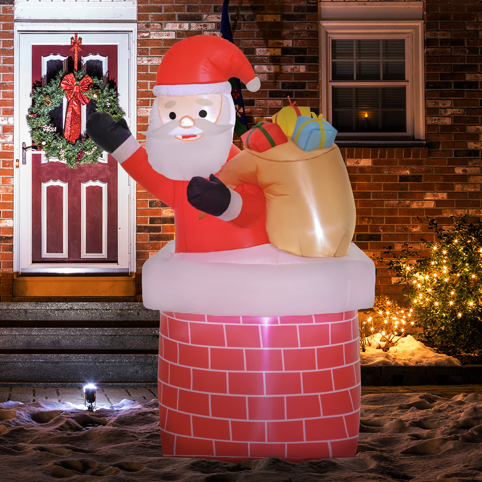 Outsunny Papá Noel Inflable con Bolsa de Regalos Saliendo de una Chimenea Decoración Inflable Navideña con Luces LED para Exterior Rojo