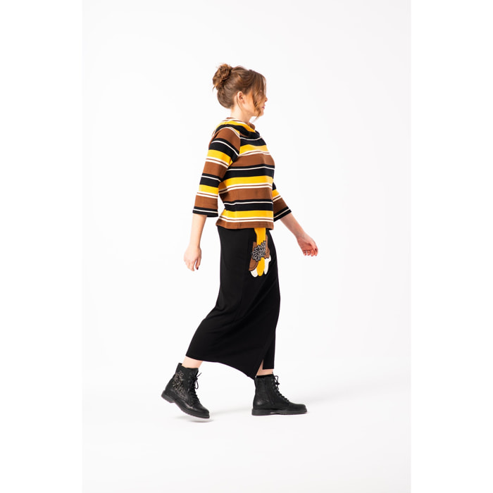 Mamatayoe Pigmento. Camiseta de Rayas de Manga Larga Acampanada para Mujer de Color Negro, Marrón y Amarillo. Suéter Ligero de Cuello Multiposición, Original y Casual para Otoño Invierno.