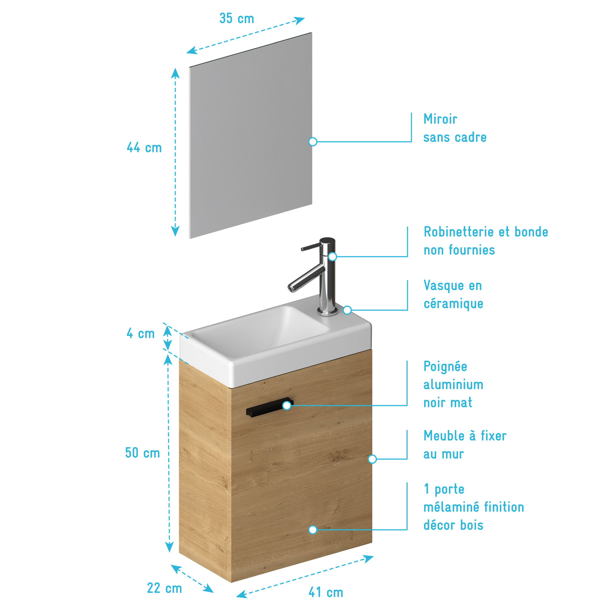 Ensemble Meuble Lave Mains décor Bois 41x50x22cm + Miroir - SMALLY WOOD