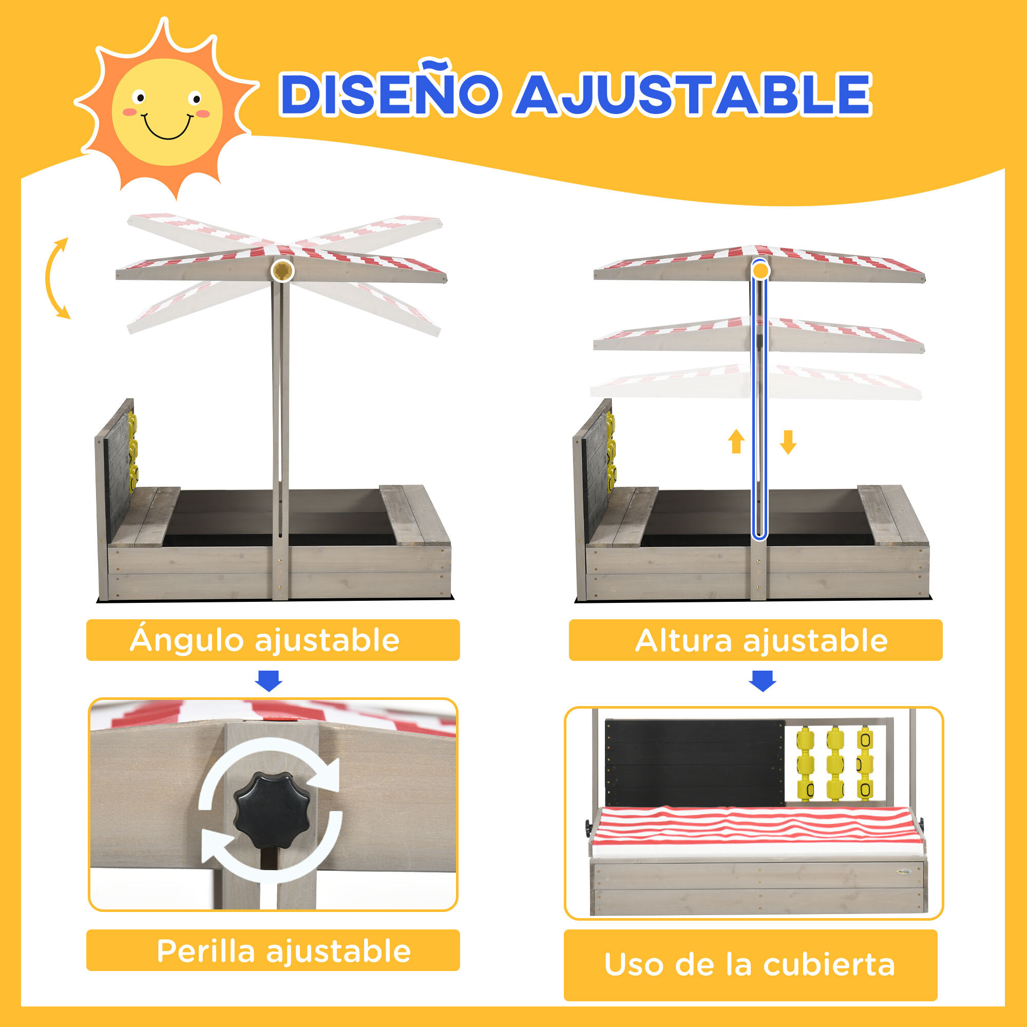 Arenero de Madera para Niños de 3-7 Años Arenero Infantil con Techo Ajustable de Tela no Tejida Banco de 2 Asientos Pizarra y Juguetes para Patio Jardín 114x113x110 cm Gris