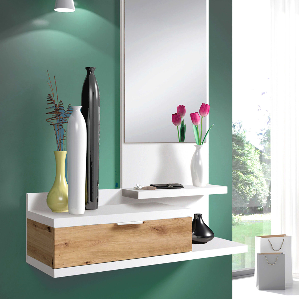 Mueble Recibidor Lia Cajón Y Espejo 116x81x29 Cm Roble Nodi Y Blanco Artik