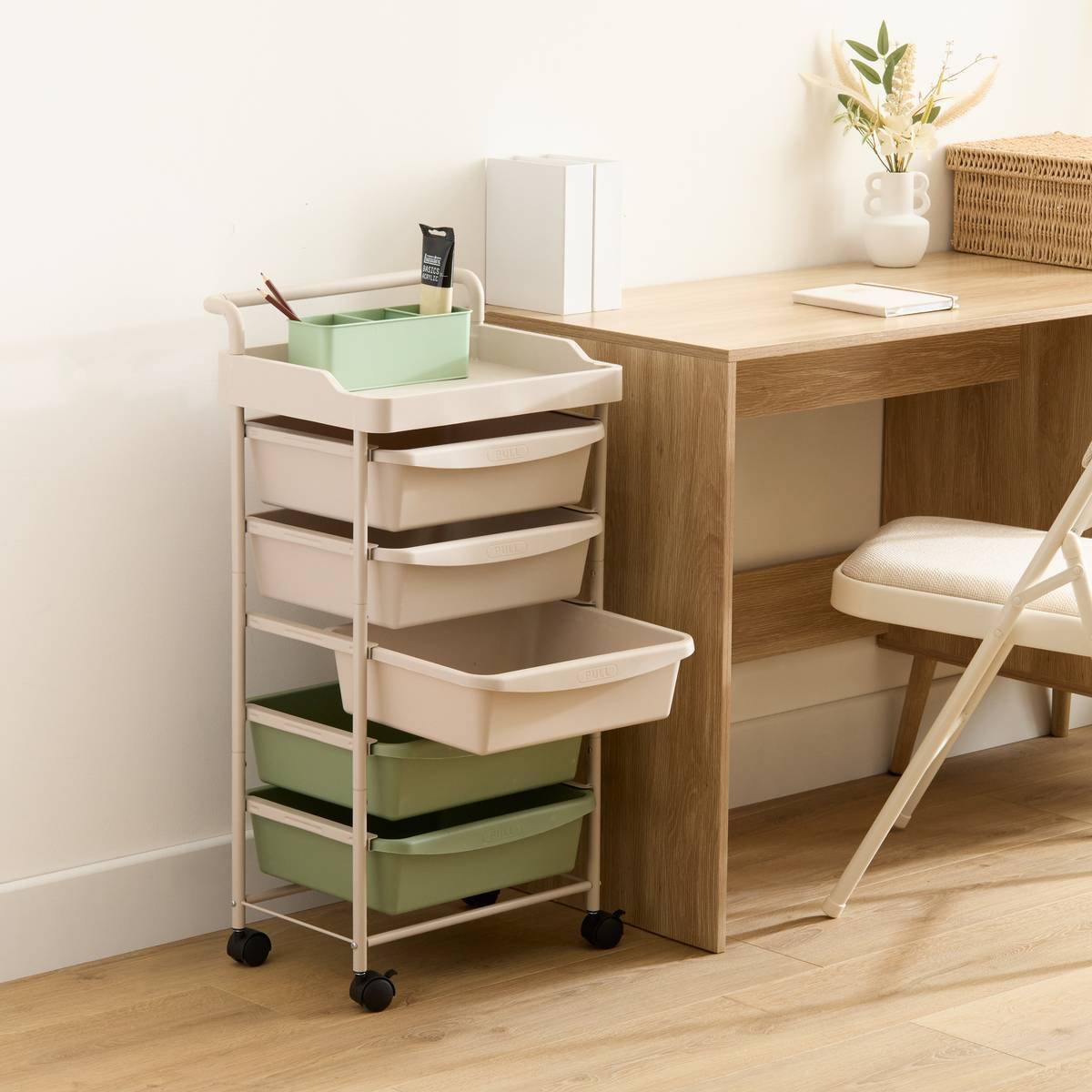 Tour rangement 5 tiroirs Deskolor avec roues beige et vert