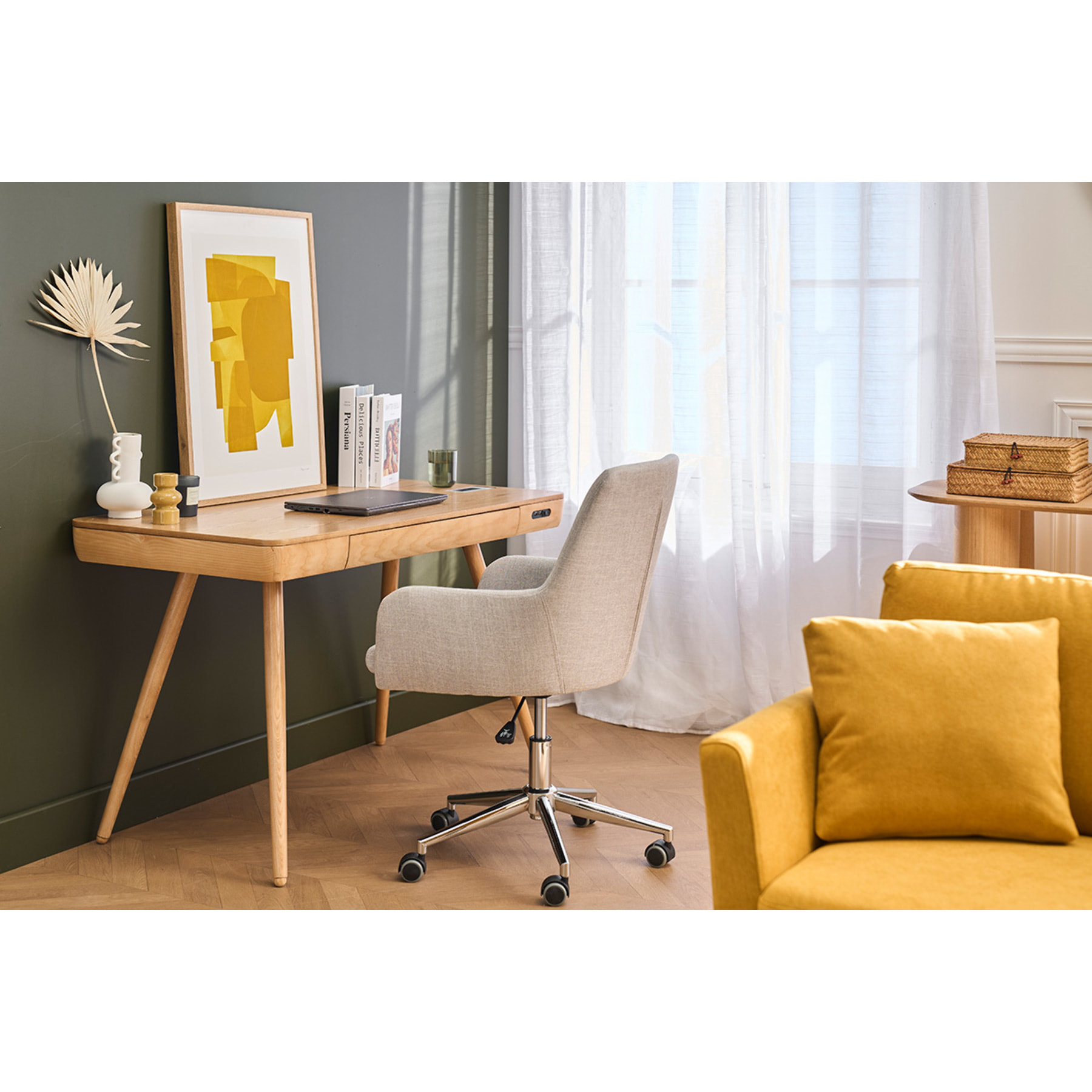 Chaise de bureau à roulettes en tissu gris clair et acier chromé SHANA
