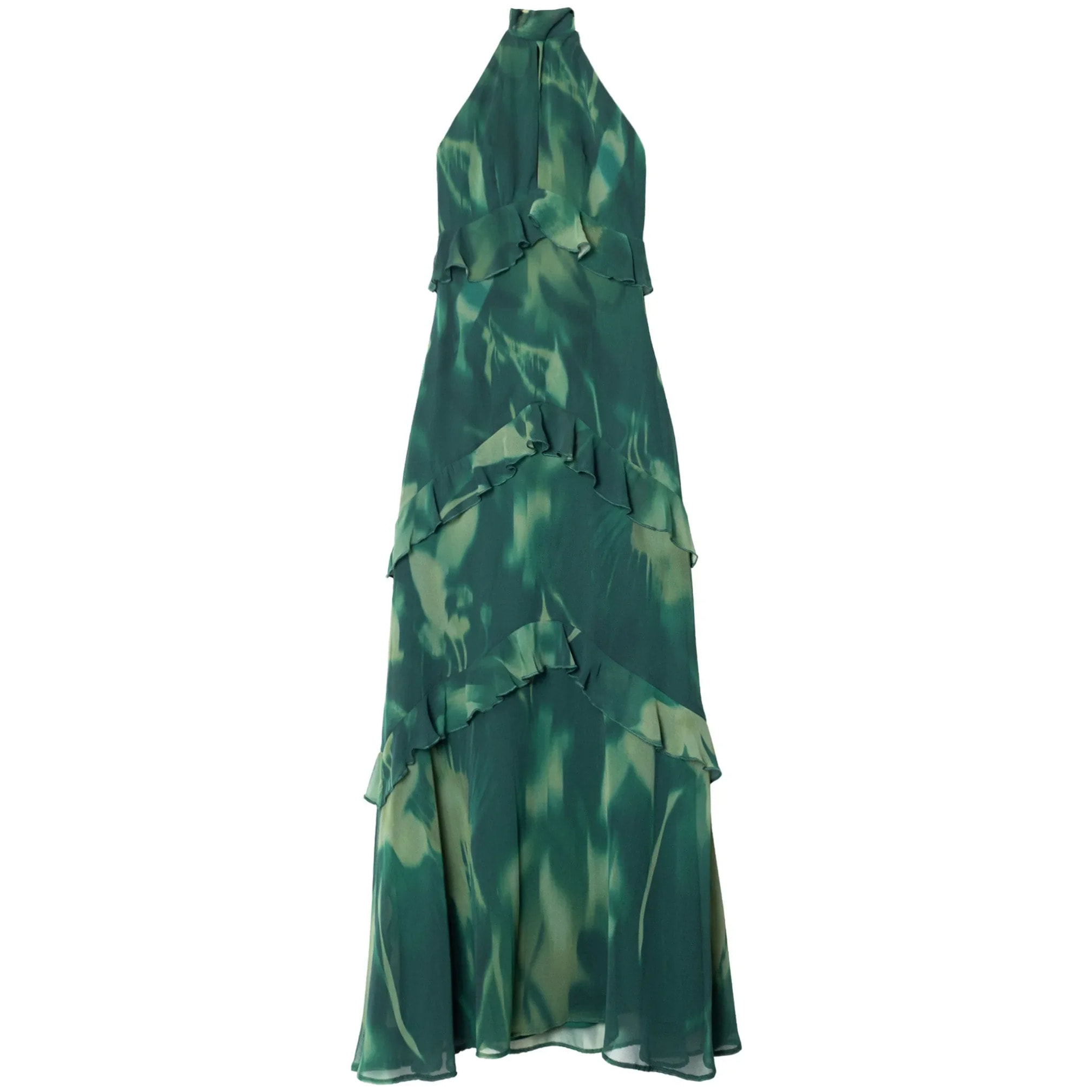Vestido midi con escote halter y volantes