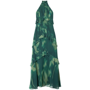 Vestido midi con escote halter y volantes