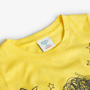 Camiseta bÃ¡sica niÃ±a, algodÃ³n, estampado, amarillo, mangas