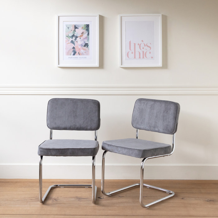 Lot de 2 chaises cantilever en velours côtelé gris MARIA
