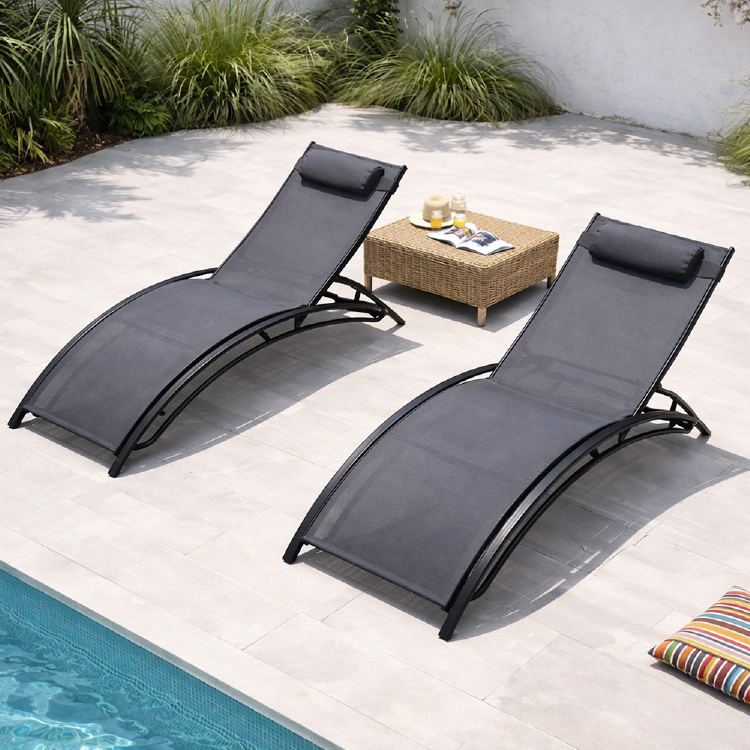 Lot de 2 transats ajustables noir et gris MEDAN