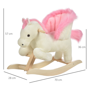 Cheval à bascule fonction musicale selle grand confort peluche courte douce bois peuplier blanc et rose dim. 70L x 28l x 57H cm