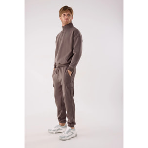 Sudadera deportiva hombre afelpada semi cremallera marrón