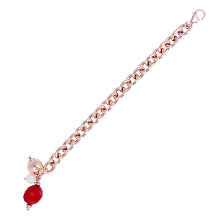 Bracciale Catena Rolo con Ciondoli in Corallo Rosso e Bianco Placcato Oro Rosa 18kt