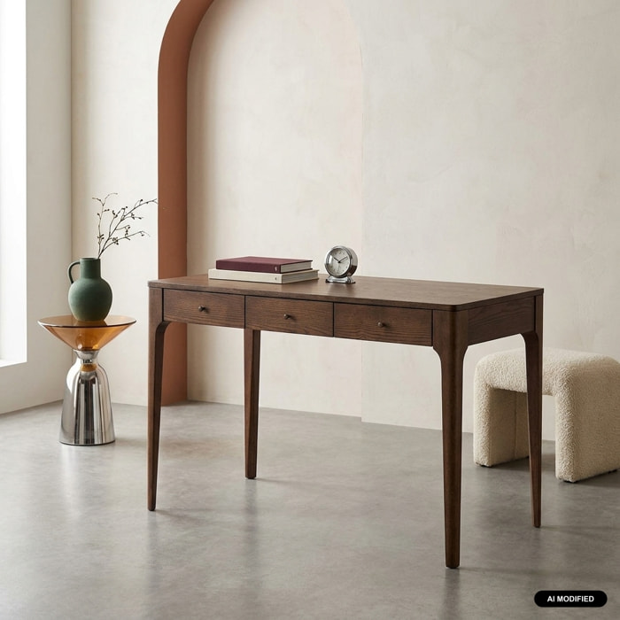 Bureau bois d'hévéa placage frêne 3 tiroirs SIDONIE