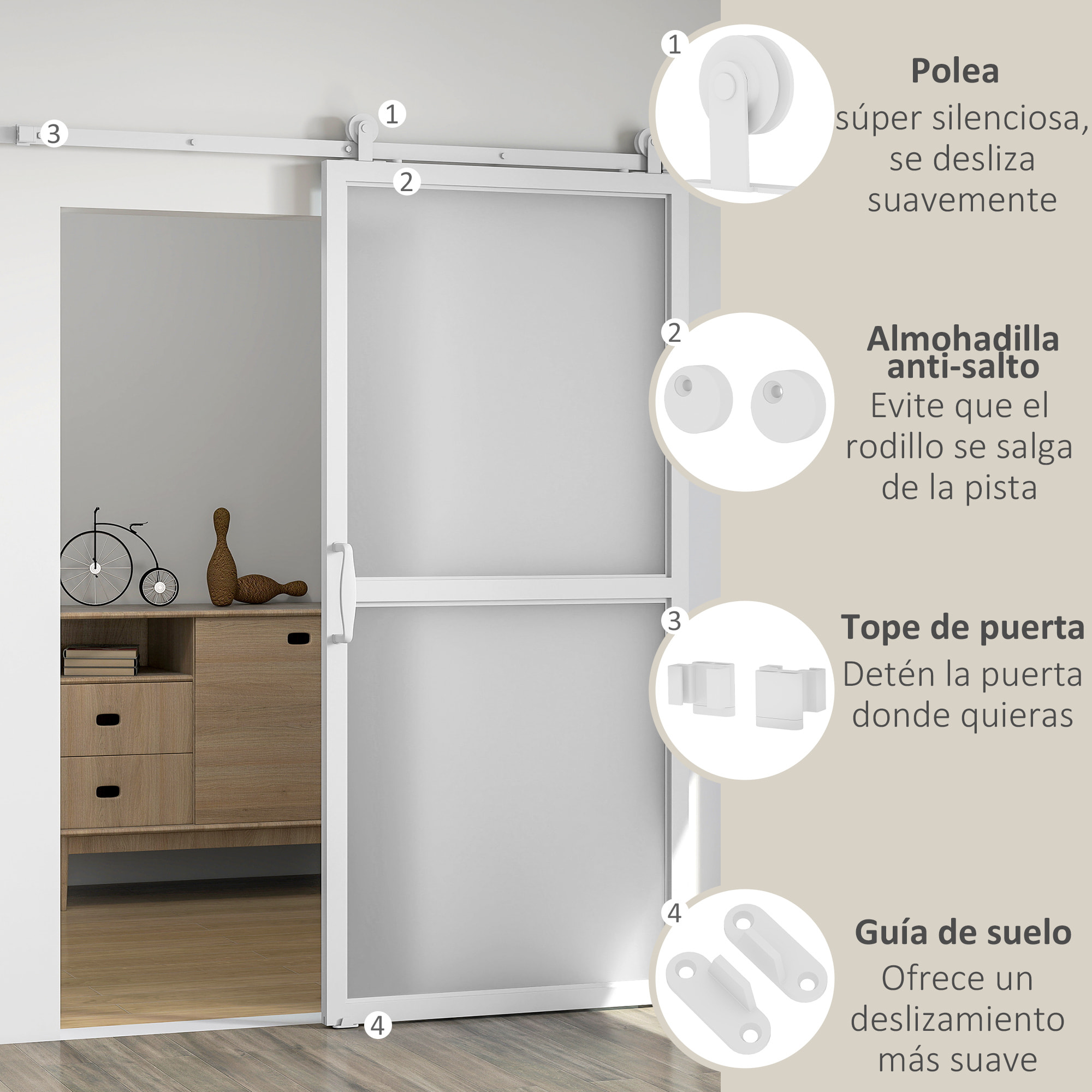 Herrajes para Puertas Correderas 200 cm, Kit de Accesorios para Puerta Corredera con 2 Rieles de Acero al Carbono y Guía de Suelo, para Garaje, Armario, Blanco