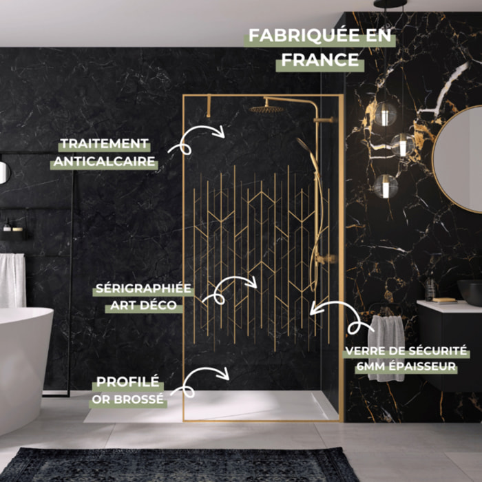 Paroi de douche KINEDO Solo Design + sérigraphié art déco 100cm profilé Or brossé