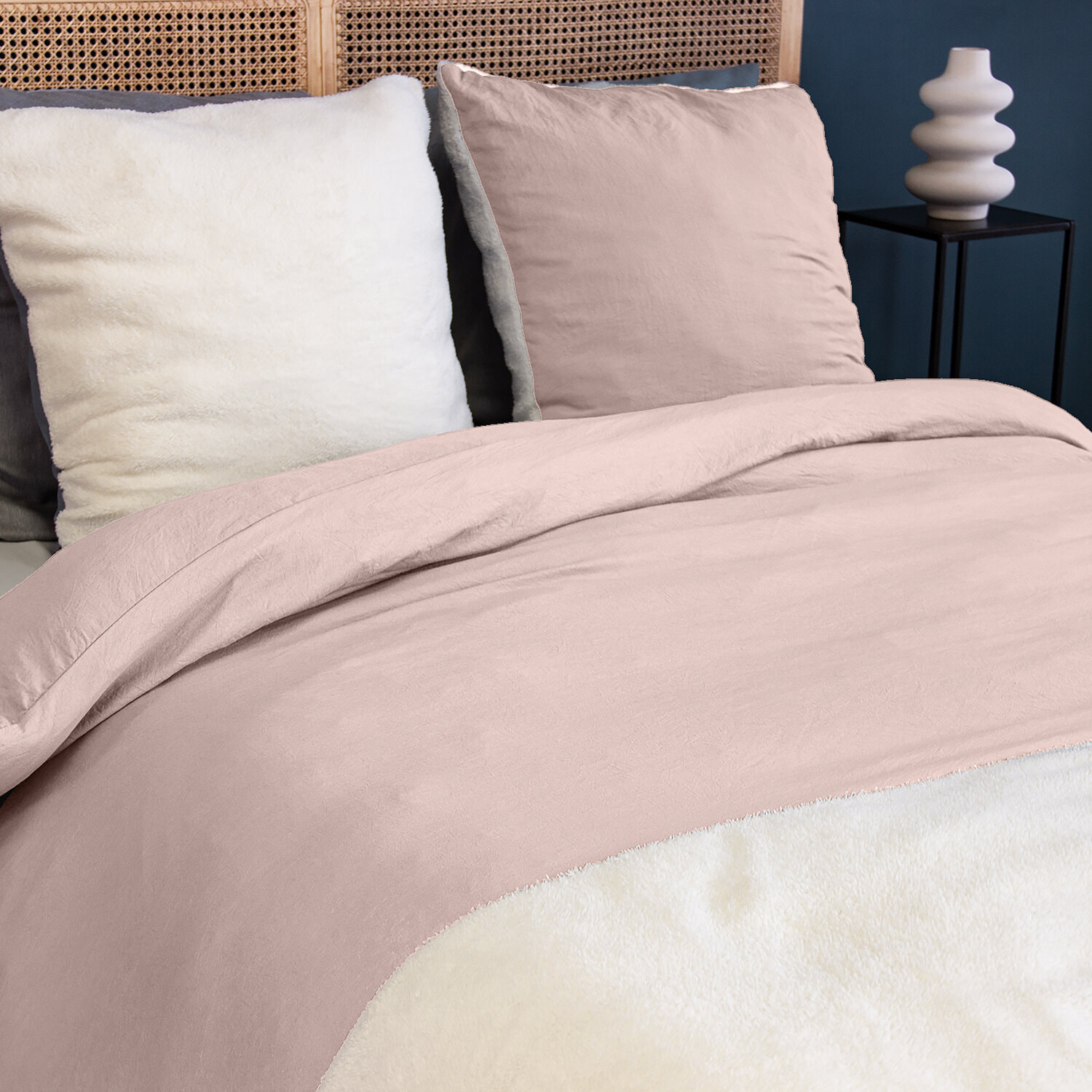 Parure housse de couette 3pcs en microfibre lavée unie - rose