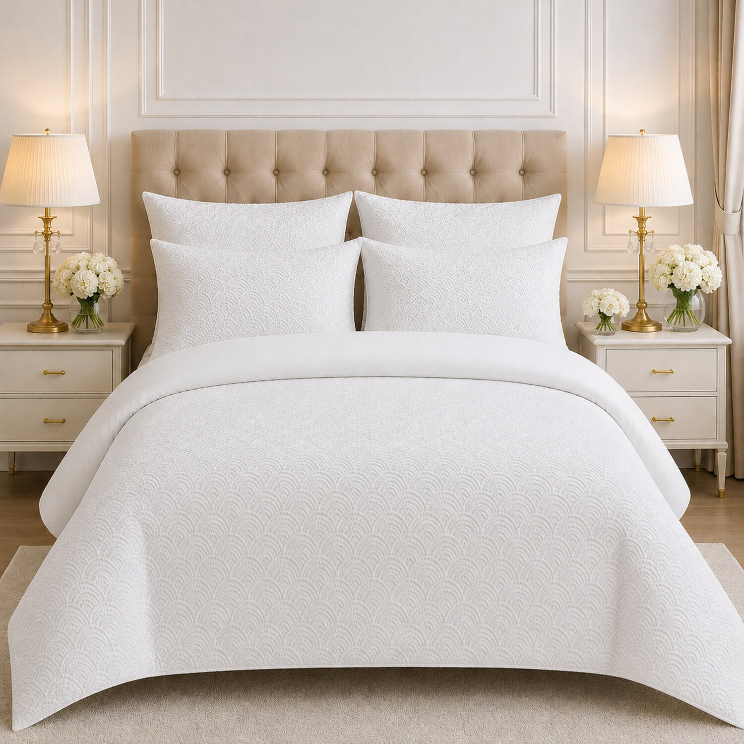 Parure housse de couette 100% microfibre jacquard effet éventails blanc - TILA