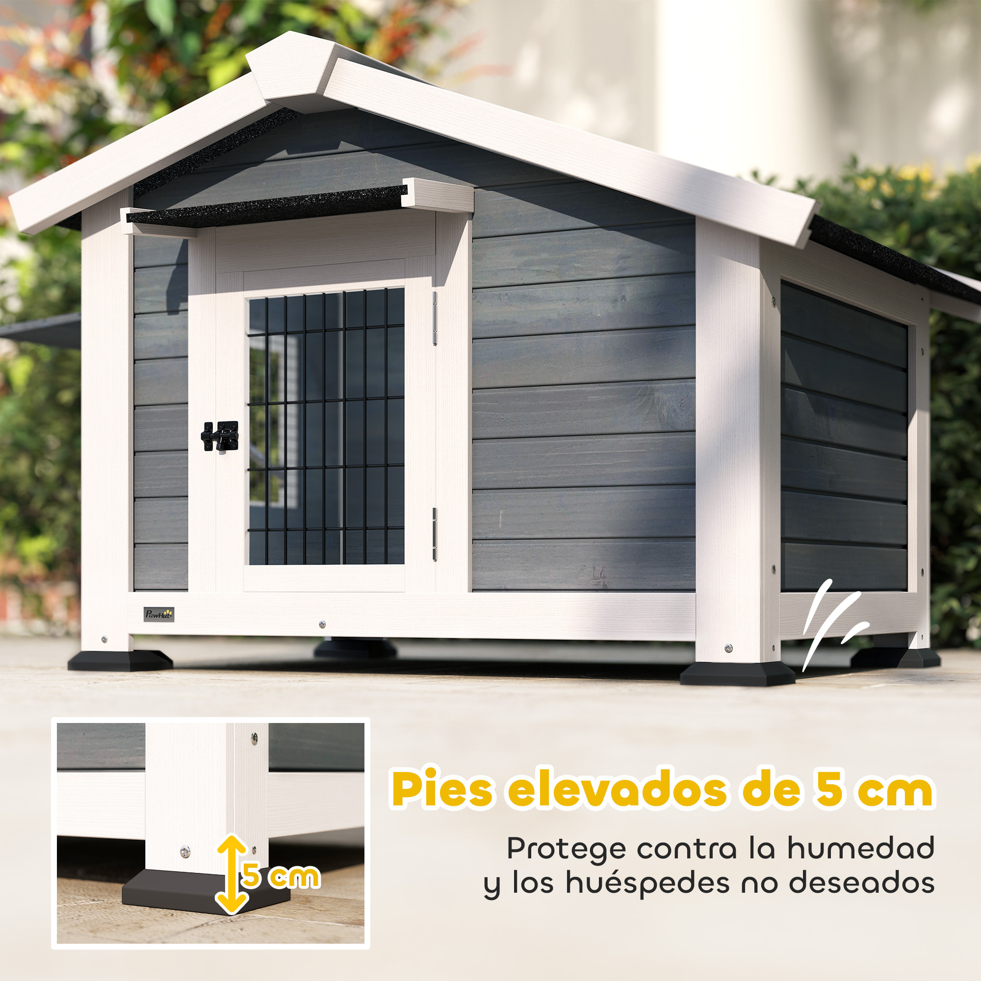 Caseta para Perros Exterior de Madera, Casa para Perros Medianos con Techo Asfático, Suelo Extraíble, Ventana Abatible y Puerta Ventilada, Base Elevada, 98x76x69,5 cm, Gris