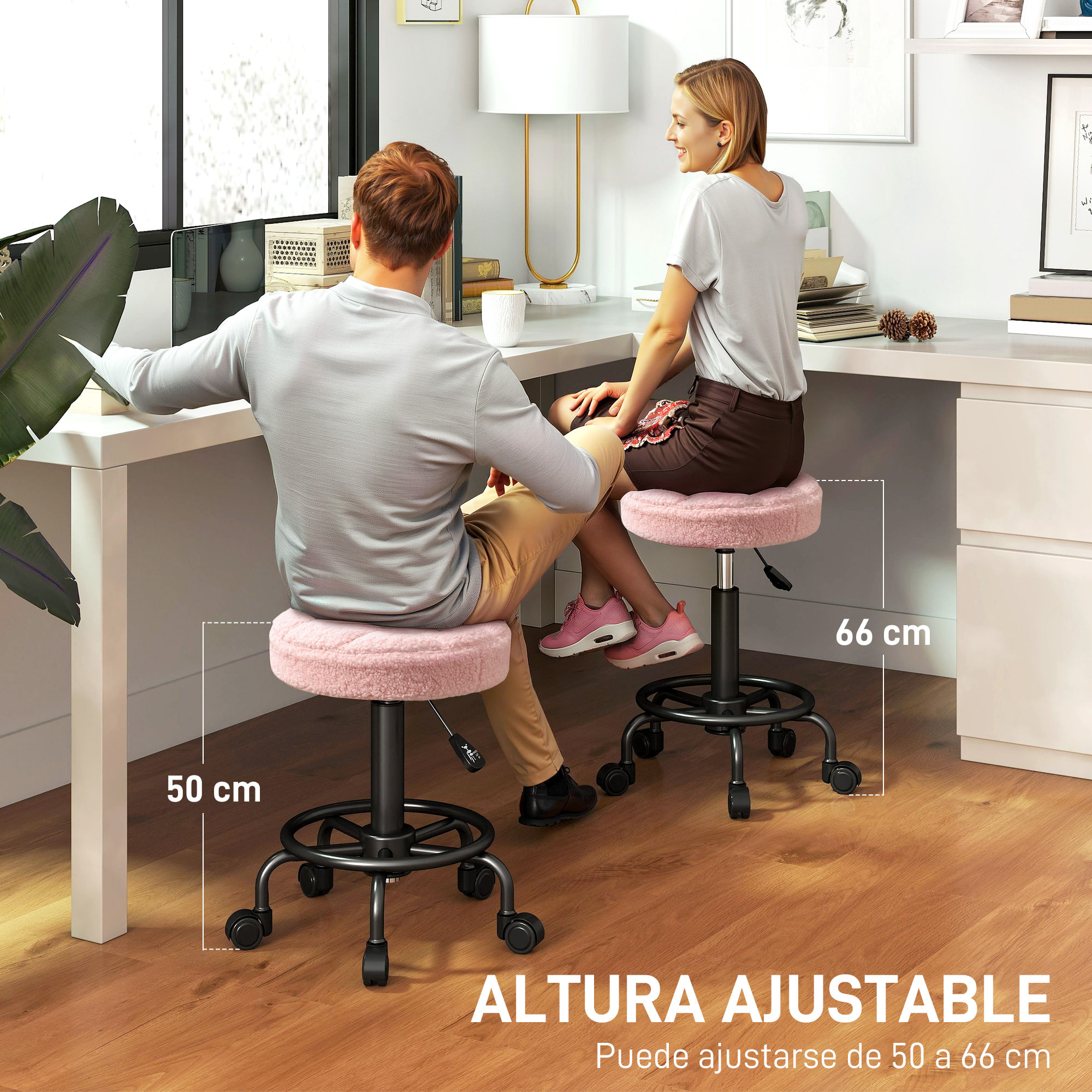 Taburete Giratorio Redondo Taburete con Ruedas Altura Regulable 50-66 cm Asiento Tapizado en Tejido de Borreguito para Salones Talleres Spa Masaje Rosa