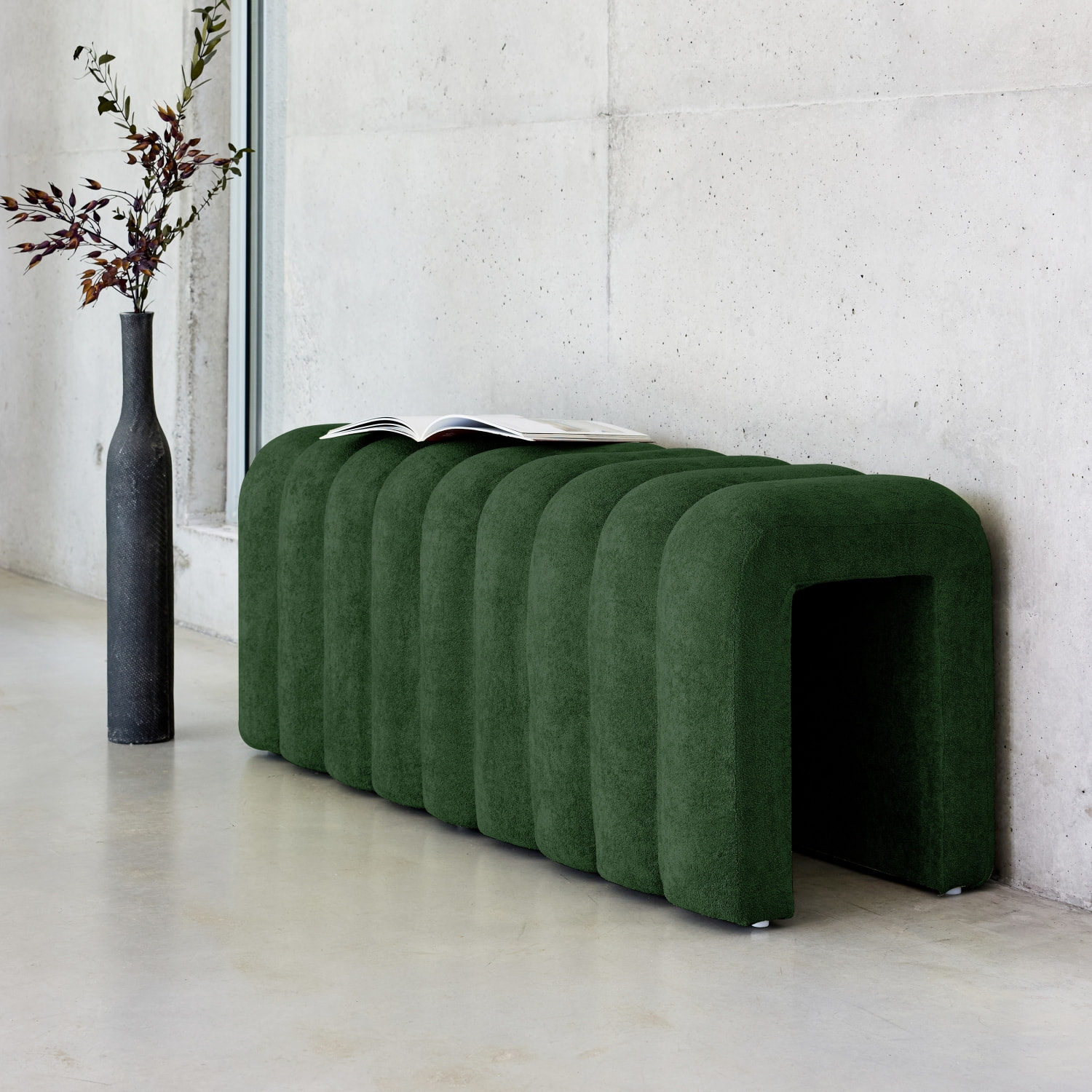 Banc. bout de lit contemporain en tissu vert foncé