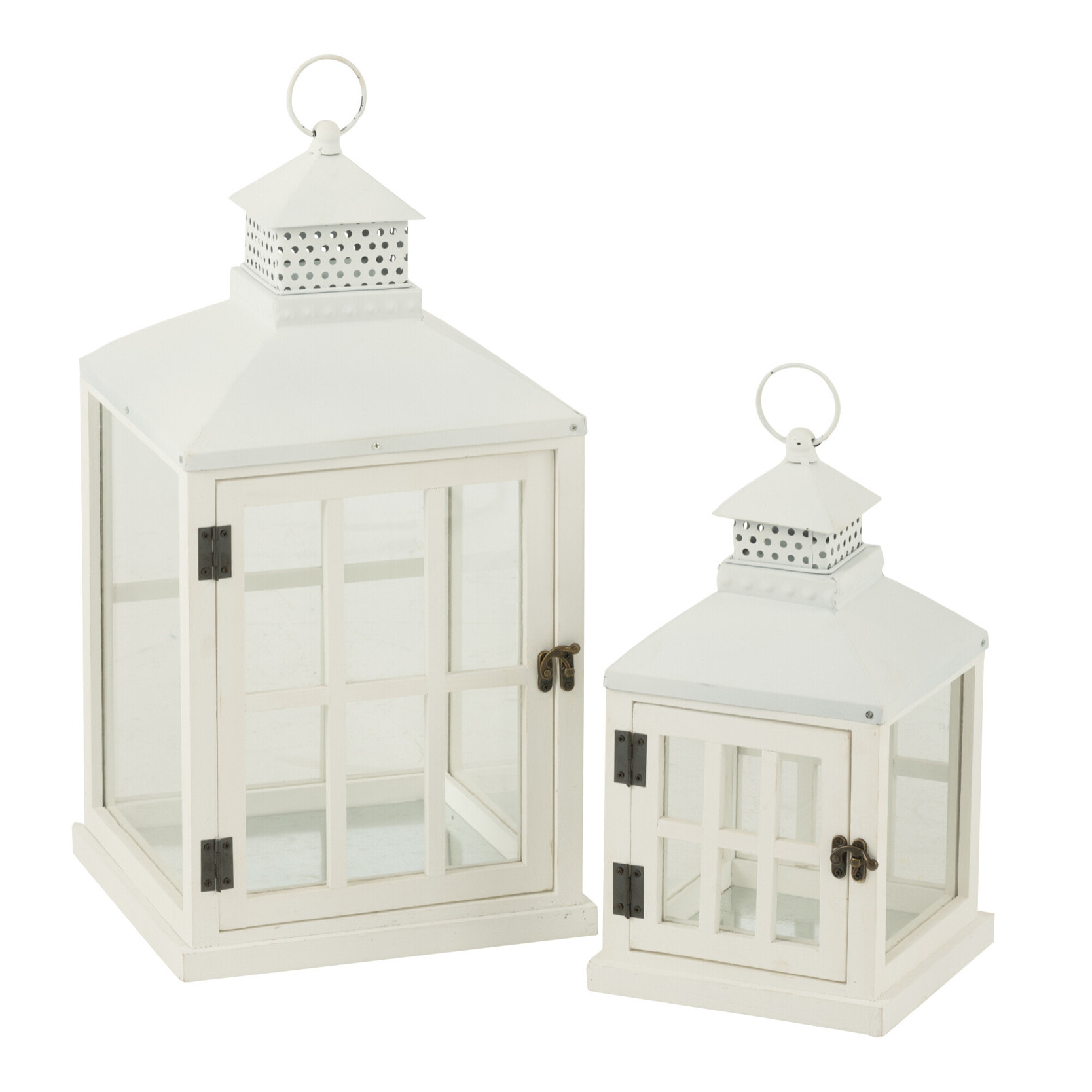 J-Line Set 2 Lanterne Maisons Bois De Sapin/Metal Blanc