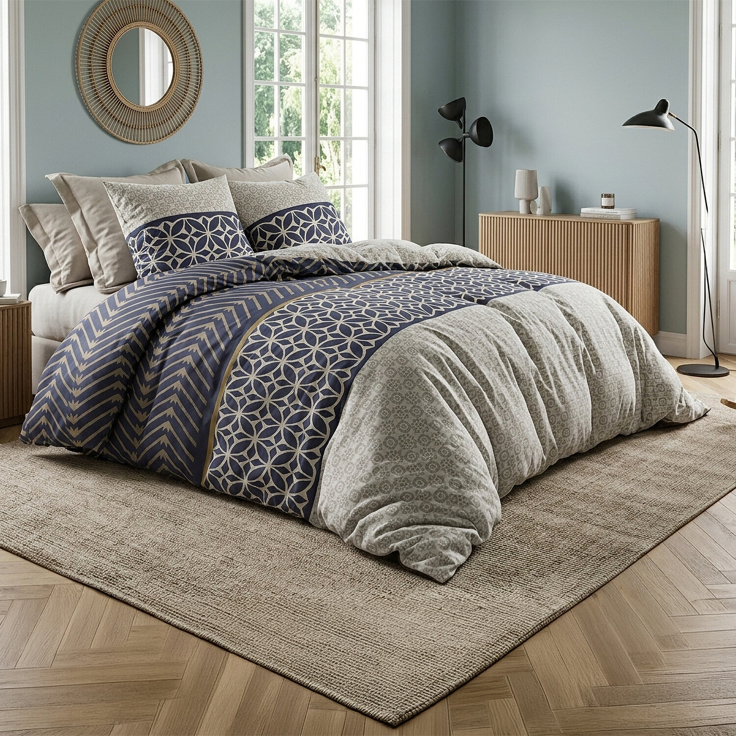 Parure housse de couette 100% coton motif art déco bleu et beige - Melvin
