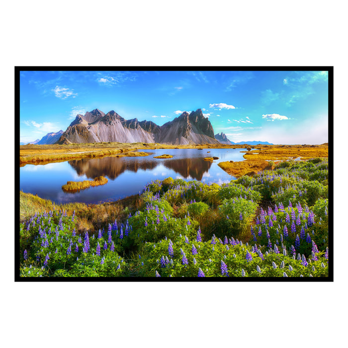 Affiche encadrée Paysage montagneux avec lac calme et fleurs violettes Affiche + cadre en métal - Noir
