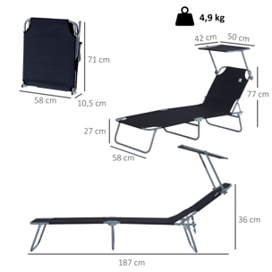 Transat bain de soleil pliable grand confort dossier et pare-soleil réglable multi-positions noir