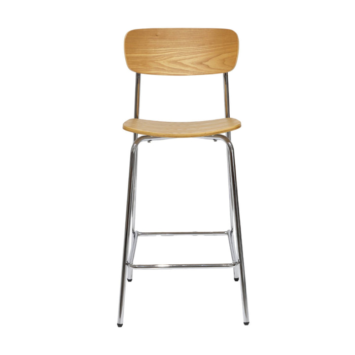 Lot de 2 tabourets de bar vintage contreplaqué avec placage bois effet frêne et pieds métal chromé L 42.5 x P 50 x H 94cm - Toby