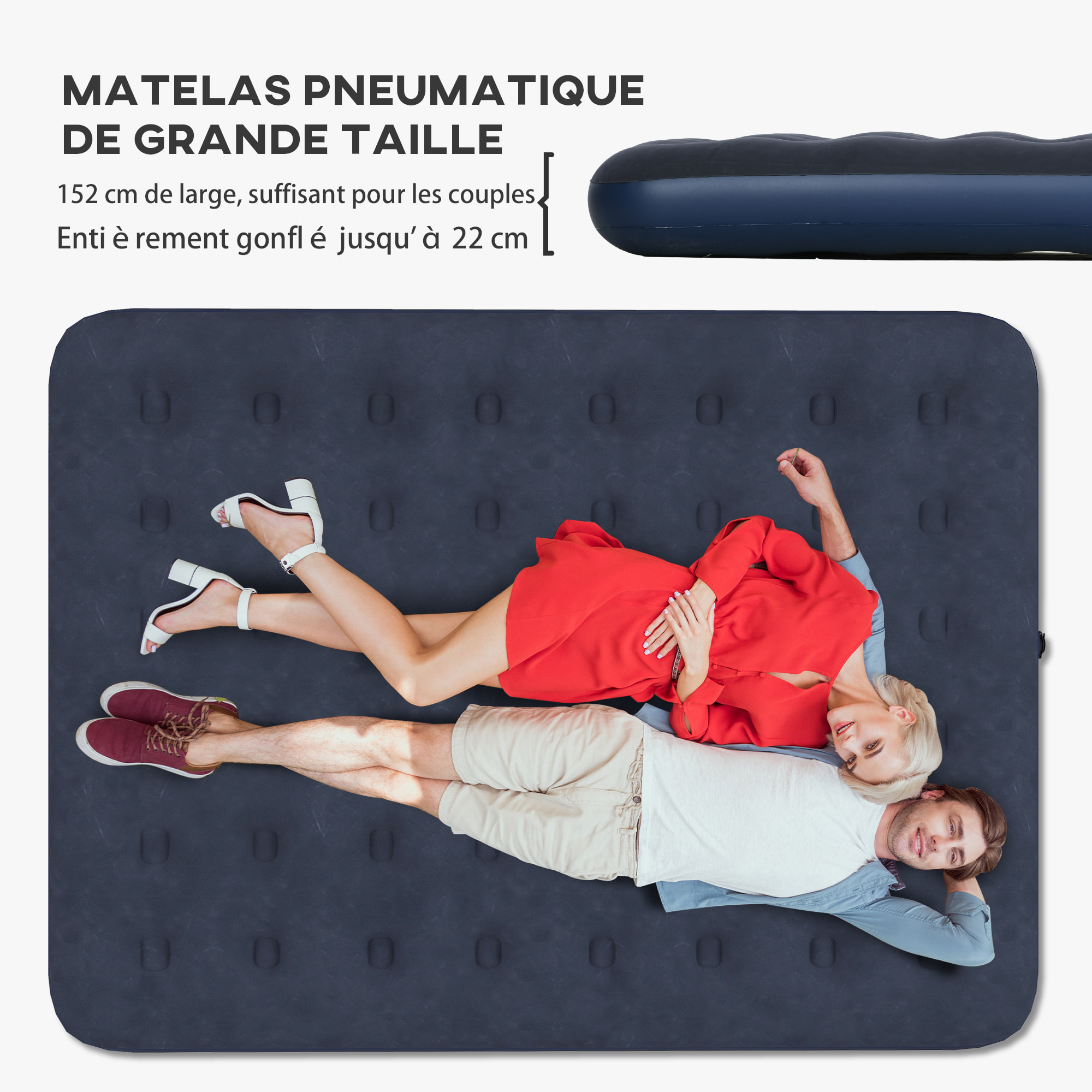 Matelas gonflable double lit pneumatique 2 places avec gonfleur manuel surface floquée bleu