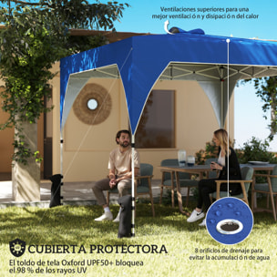 Carpa Plegable 3x3 m, Pop-up, Cenador Pabellón de Jardín con Ventilación Superior, Bloqueo Central, UPF50+, Altura Ajustable 3 Niveles, Bolsa Transporte con Ruedas, Sacos de Arena, Azul