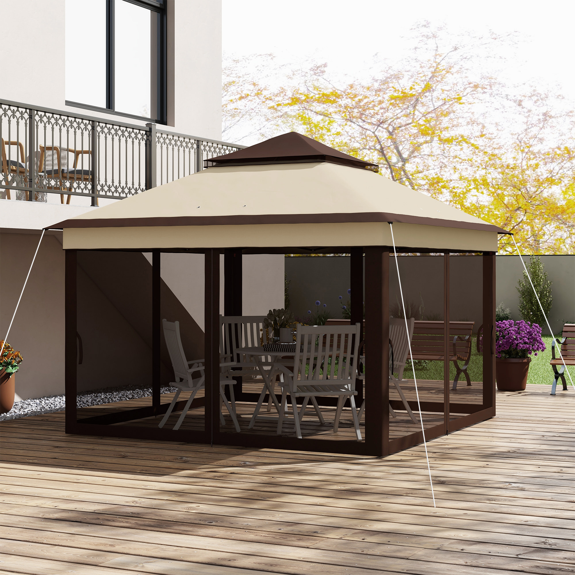 Carpa Plegable 3x3x2,7 m Cenador de Jardín con Doble Techo Altura Ajustable 4 Mosquiteras Protección UV30+ Impermeable y Bolsa Gazebo para Exterior Fiestas Camping Beige y Café