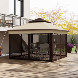 Carpa Plegable 3x3x2,7 m Cenador de Jardín con Doble Techo Altura Ajustable 4 Mosquiteras Protección UV30+ Impermeable y Bolsa Gazebo para Exterior Fiestas Camping Beige y Café
