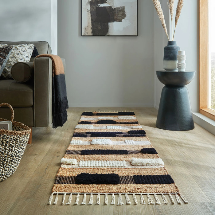Tapis de couloir jute et laine MEDINA BLOCKS Noir